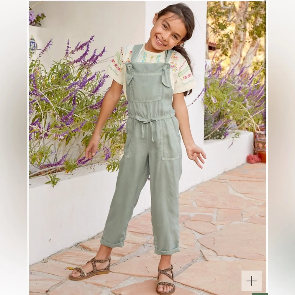 Bella Dahl Girls Knotted Olive Green Tencel Tie Waist Overalls - Picture 7 of 7
